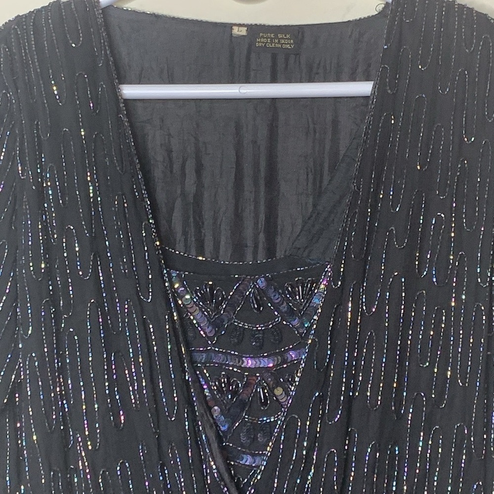 Vintage India Silk Black Beaded Sequin Cocktail Tiered Ruffle Art Deco Dress L - Picture 4 of 15